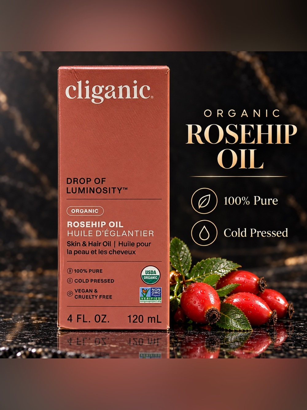 Cliganic Organic Rosehip Oil - 120 mL, Red Packaging